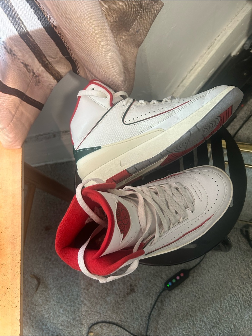 Kids White and Red High-Top Sneakers with Green Heel Accent